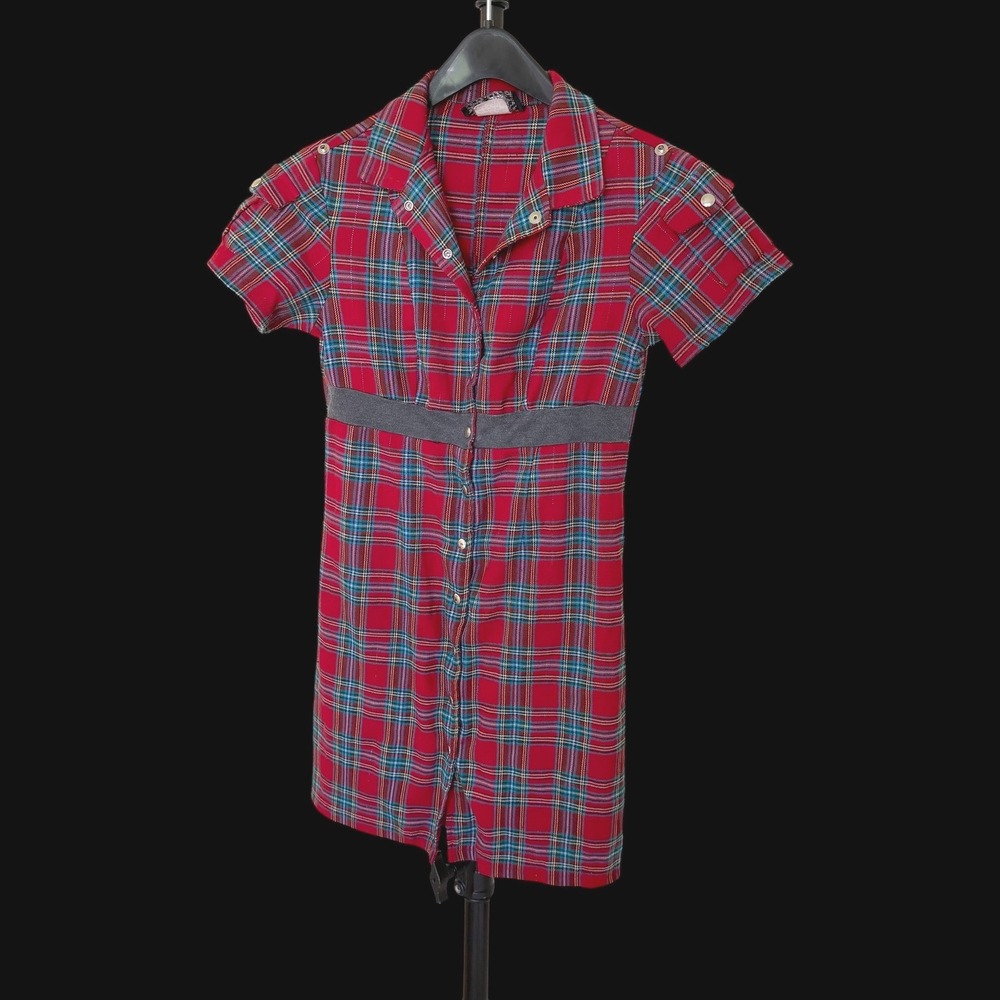 Y2K Serious Red‎ Plaid Punk Mini Dress Snap Epaulet Dark Academia Mall Goth Sm